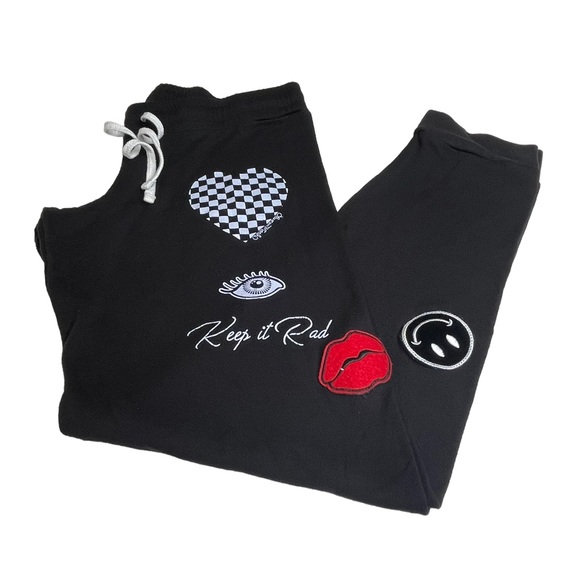 Lauren Moshi ᨎ Rad Checker Heart Smiley Lips Patch Elements Sweatpants ᨎ Black M - Picture 14 of 17